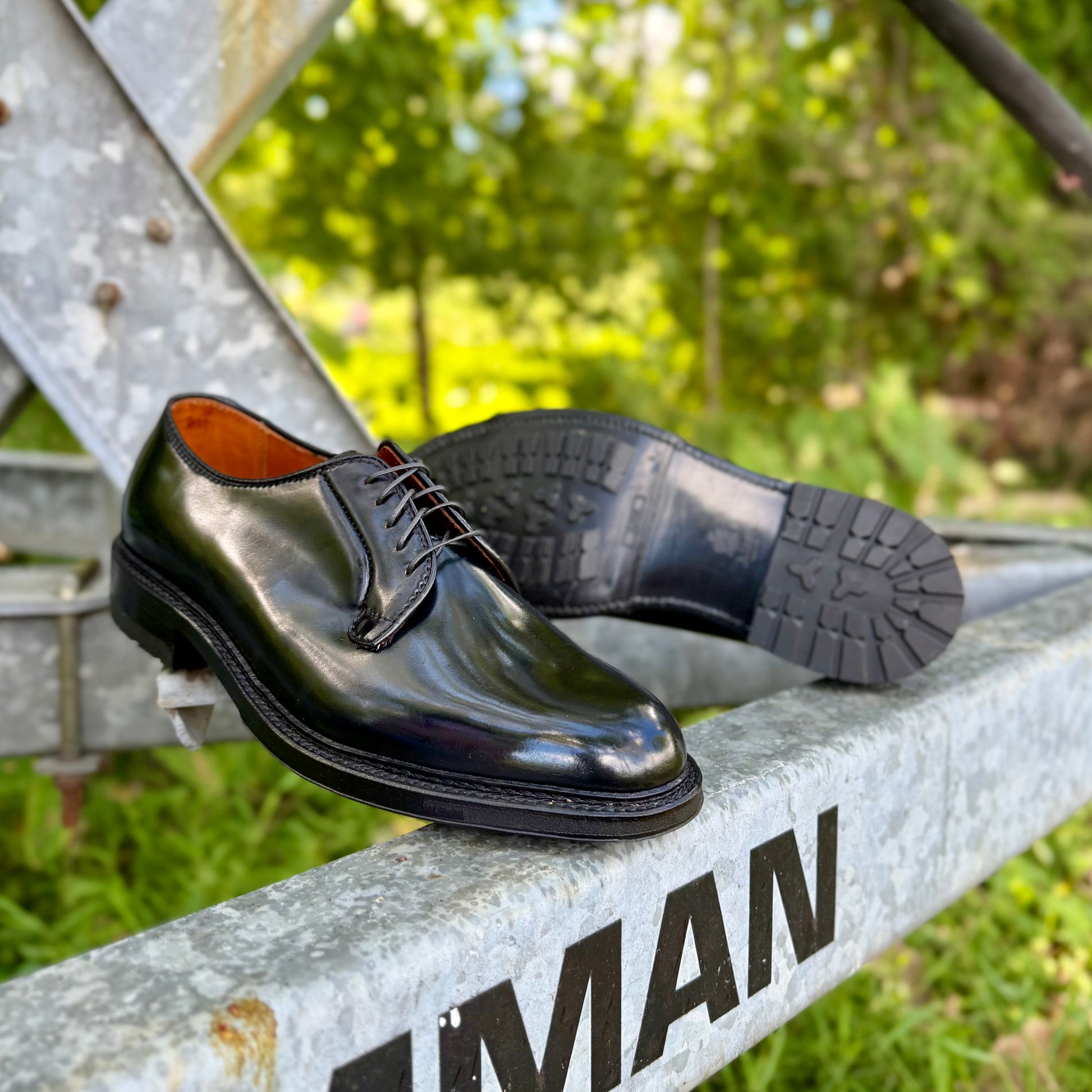 The Alden Madison 9901C Plain Toe Blucher in Black Shell Cordovan with Commando Sole rests on a metal beam outdoors, one upright and one displaying its rugged sole against a backdrop of green grass and blurred trees.