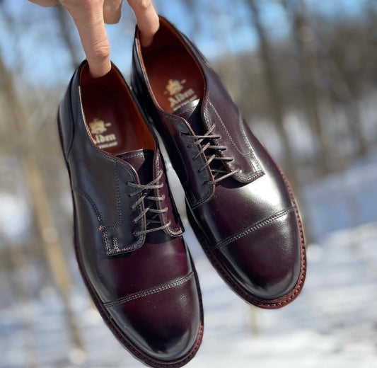 A hand displays the Alden Madison D8516C - DeRosa Captoe Blucher in Color 8 Shell, dark burgundy leather dress shoes with cap toes and antique edge, against a blurred outdoor scene with trees and snow.