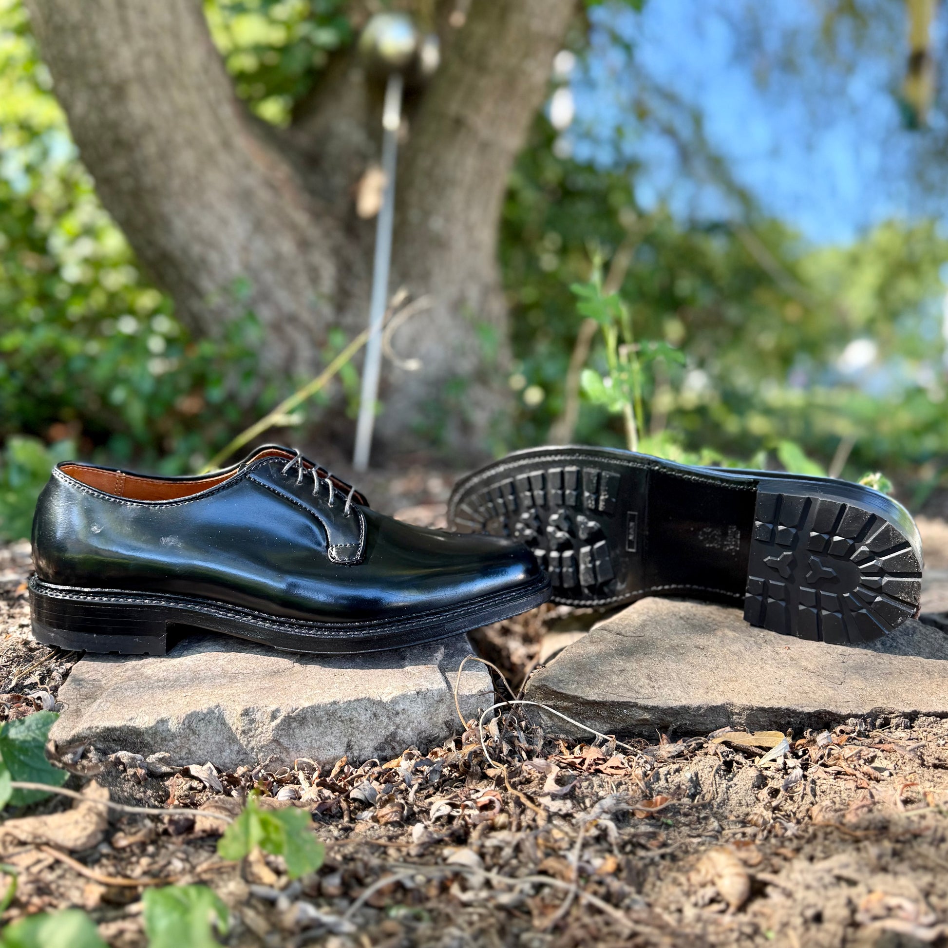 The Alden Madison 9901C Plain Toe Blucher with Commando Sole in Black Shell is displayed outdoors on two large flat rocks, surrounded by dirt, leaves, and greenery, with a tree and blurred foliage in the background.