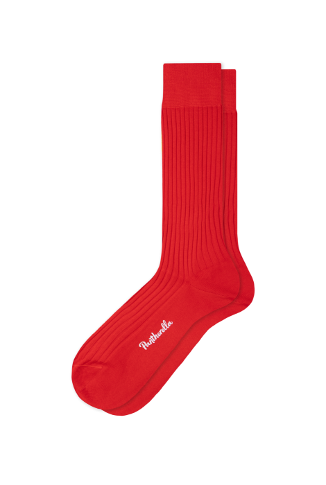 A single bright red Danvers mid calf men's dress sock by ALDEN SHOES, featuring "Pantherella" written in white script near the toe, displayed on a plain white background.