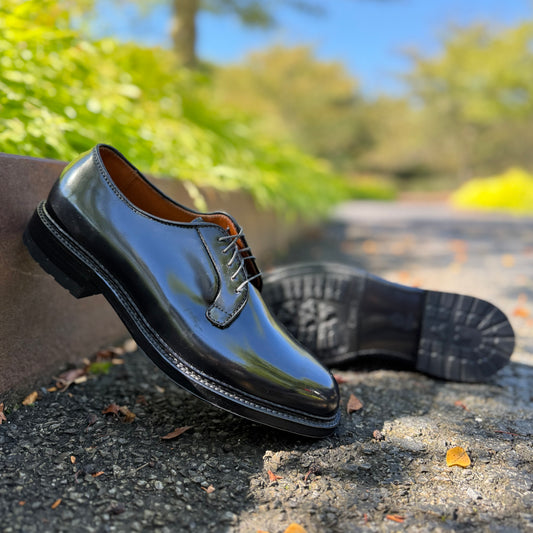 Alden Madison’s 9901C Plain Toe Blucher with Commando Sole in Black Shell Cordovan is displayed outdoors on a paved path, one upright and one on its side, surrounded by greenery and soft sunlight.