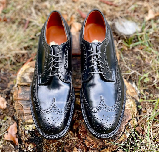The Alden Madison 9751 Long Wing Blucher in Black Shell Cordovan, featuring brogue detailing and a Double Oak Leather Sole, sits on a tree stump amid grass and fallen leaves.