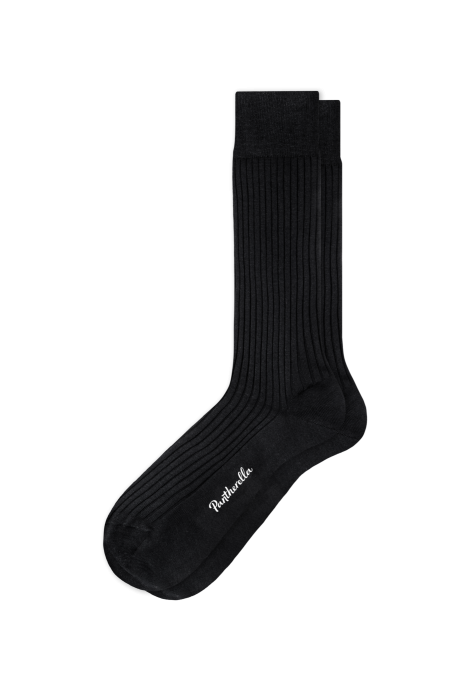 A pair of black ribbed Danvers Mid Calf Socks by ALDEN SHOES, expertly crafted as men's dress socks from premium cotton lisle for comfort and durability, with the brand name subtly embroidered in white on the side of the foot, displayed on a plain light background.