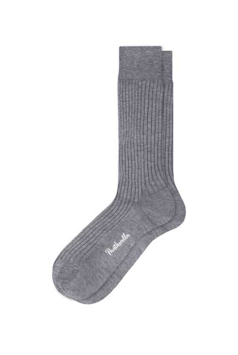 A pair of light gray rib knit Danvers - Mid Calf Socks by ALDEN SHOES, with the brand name written in white on the sole, displayed flat on a plain white background—these classic men’s dress socks are crafted for both style and comfort.
