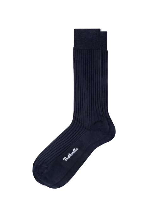 A single Danvers Mid Calf Sock by ALDEN SHOES, expertly crafted as a premium men's dress sock in dark navy ribbed fabric, features delicate white embroidery near the toe and is displayed on a light grey background.