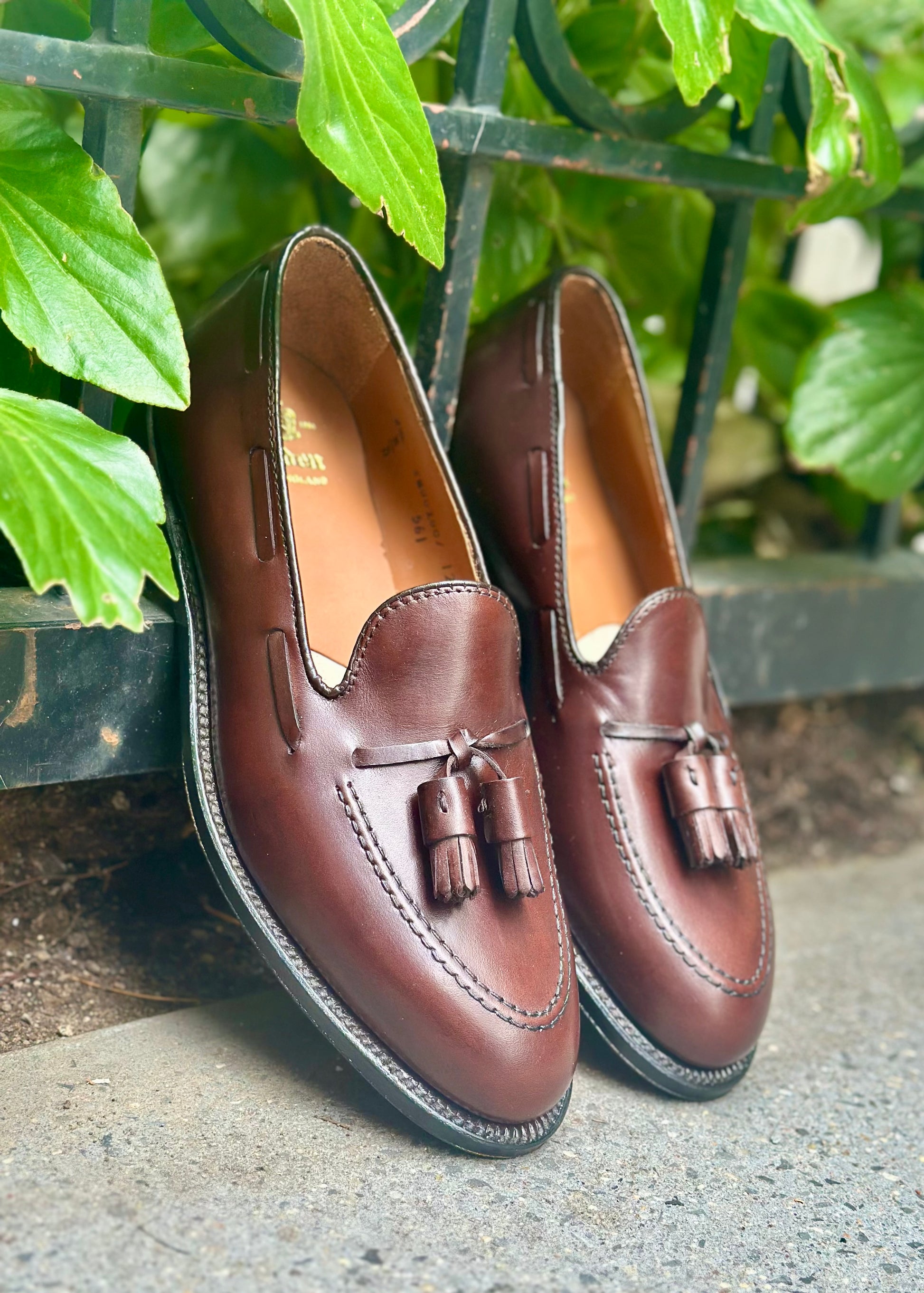 The Alden Madison 561 - Tassel Loafer in Brown Calfskin, featuring a leather sole, is displayed outdoors on a sidewalk beside green plants and a metal fence.
