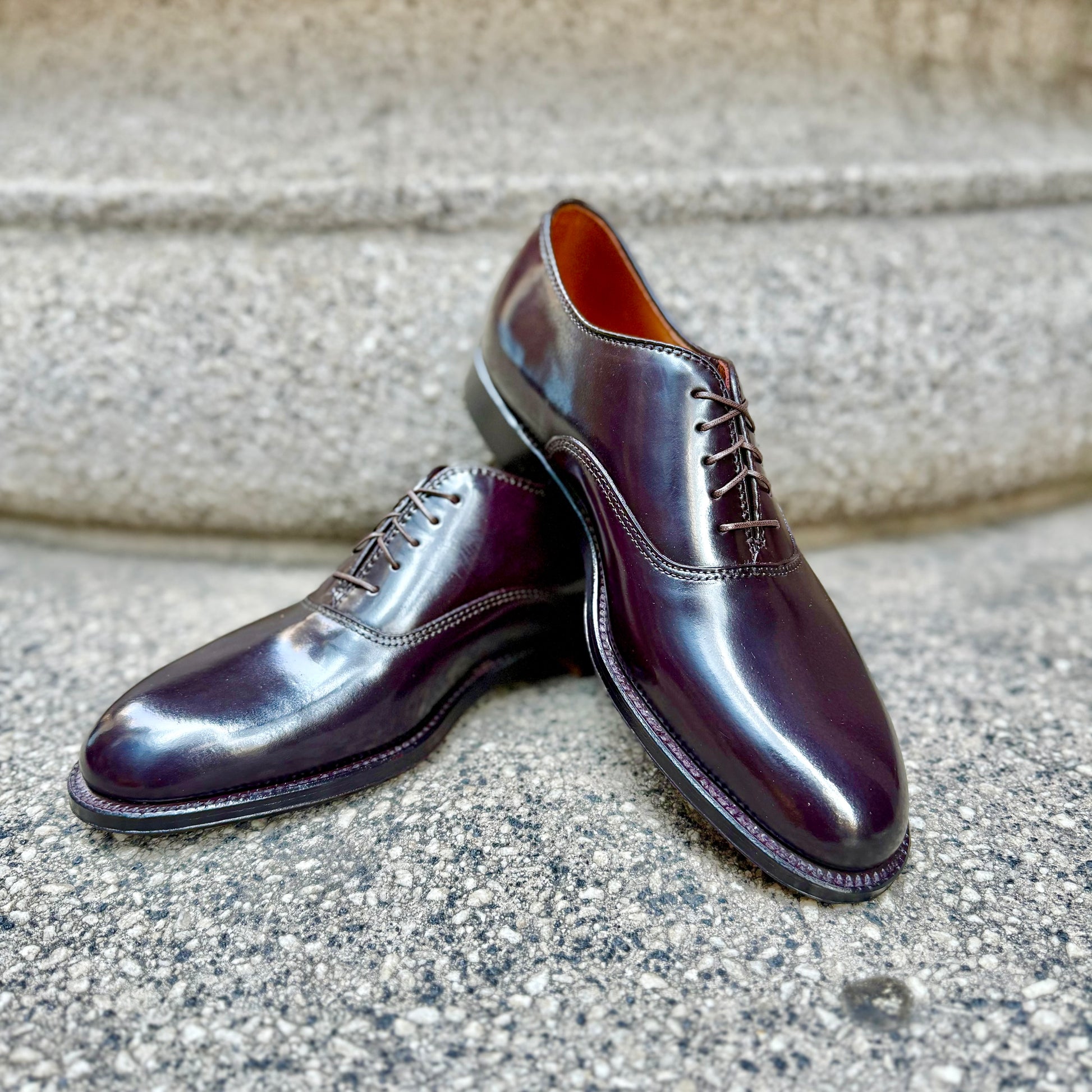 Alden Madison’s 934 - Plain Toe Bal in Color 8 Shell Cordovan oxfords, polished in dark burgundy with laces, are displayed on a speckled stone surface—one shoe upright, the other leaning against it.