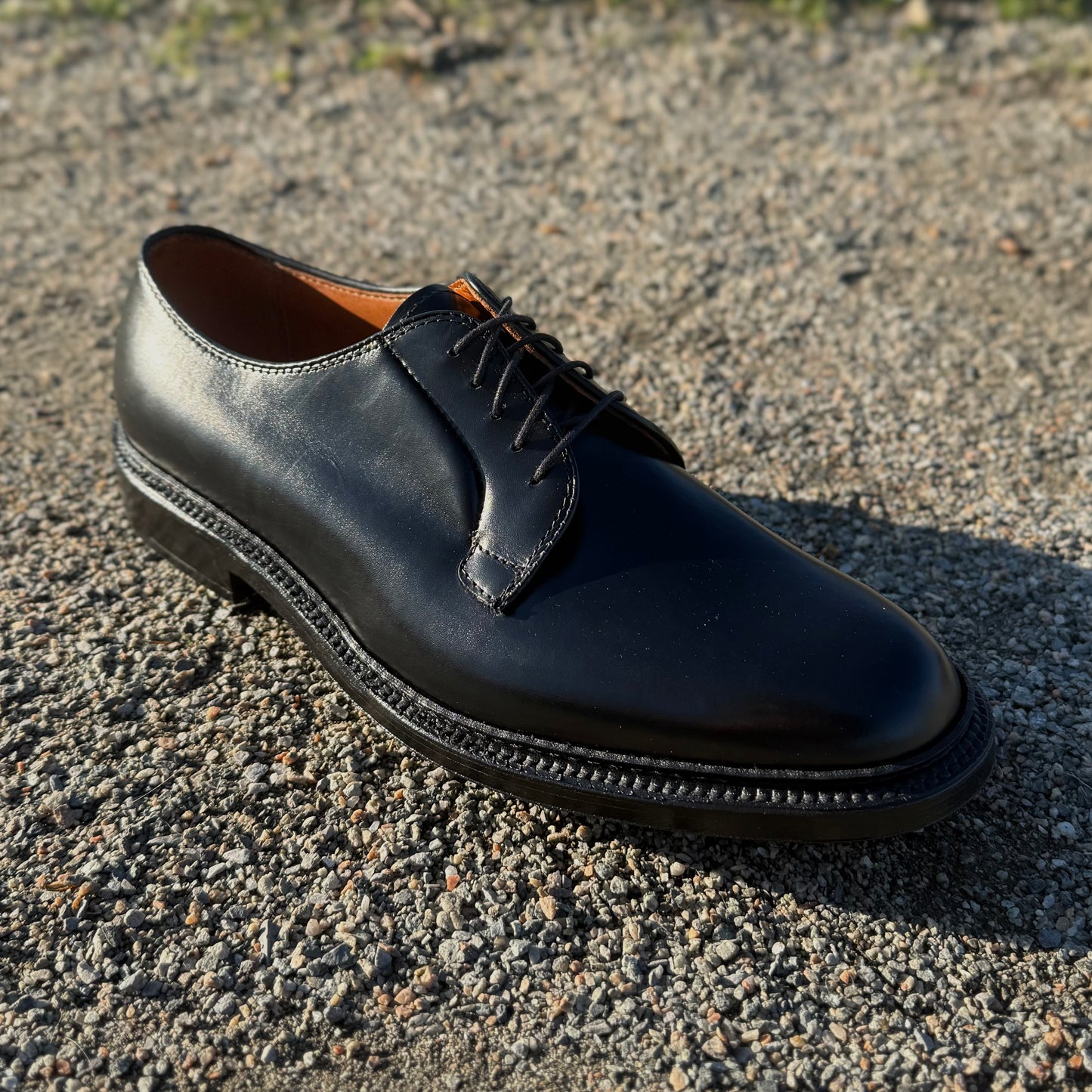 The ALDEN SHOES 9909 Black Calfskin Plain Toe Blucher dress shoe, with laces, sits on a gravel surface in sunlight, casting a sharp shadow to the side.