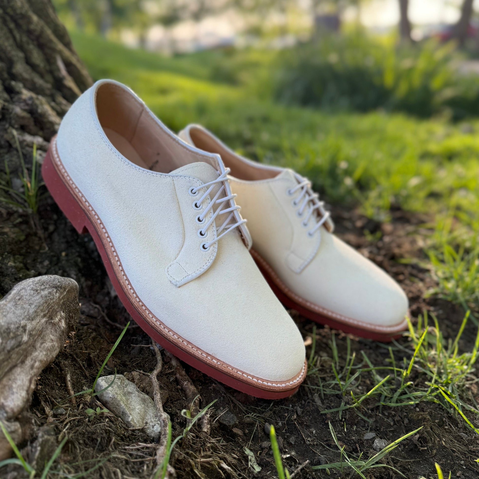 A pair of Alden Madison 9448 - White Buck in Ivory Suede shoes with red microcell soles rest on grass near a tree, surrounded by sunlight and greenery.