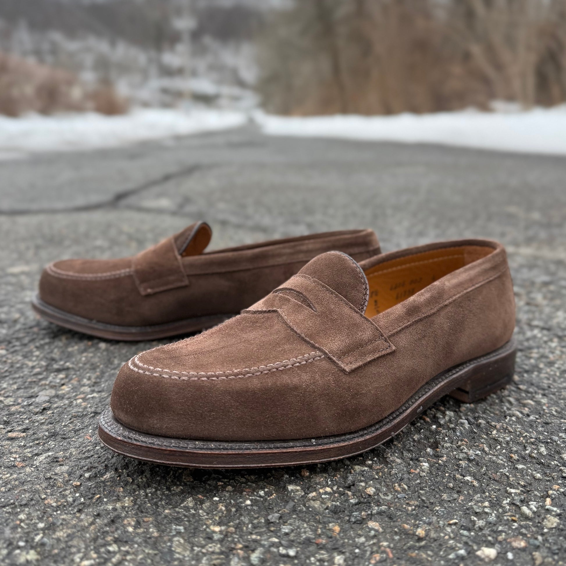 The Alden Madison 6175F Penny Loafer in Humus Suede with Flex Oiled Leather Sole rests on rough asphalt outdoors, patches of snow and blurred bare trees in the background.