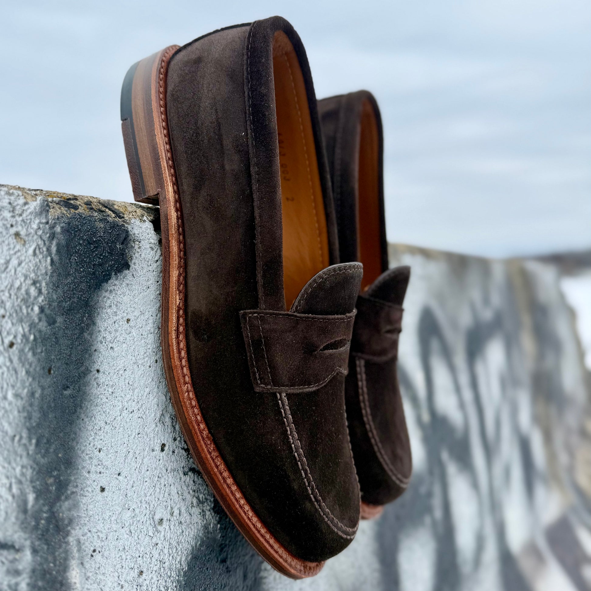 Alden Madison's 6176F Penny Loafer in dark chocolate suede, with tan soles and classic Van Last shape, sits on a graffiti-covered concrete ledge under a cloudy sky.