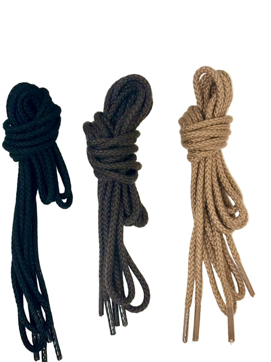 Three Alden Madison Round Soft Cotton Laces, 54 inches each, in black, dark brown, and tan are arranged side by side on a white background.