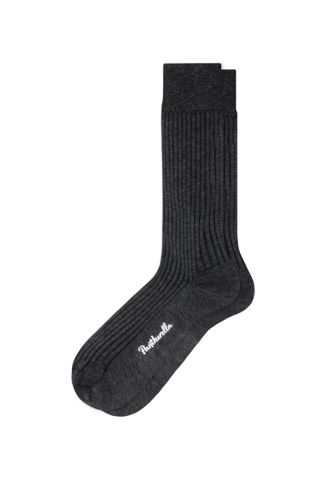 A single dark gray Danvers mid calf sock from ALDEN SHOES, laid flat with the toe pointing left. This classic men’s dress sock showcases a timeless rib knit design and features “ALDEN SHOES” printed in white near the toe area.