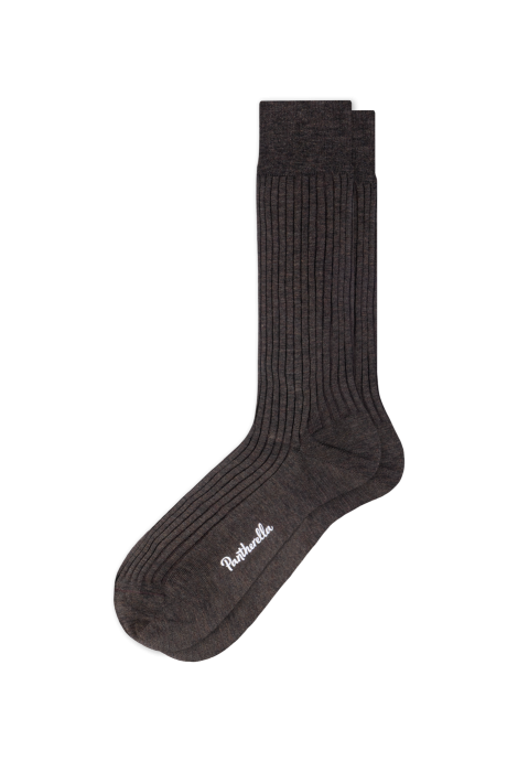 A pair of Danvers Mid Calf Socks by ALDEN SHOES, crafted from premium dark gray cotton lisle in a rib knit design and featuring “Pantherella” embroidered in white on the sole, displayed against a clean white background—making them an ideal choice for discerning men’s dress socks.
