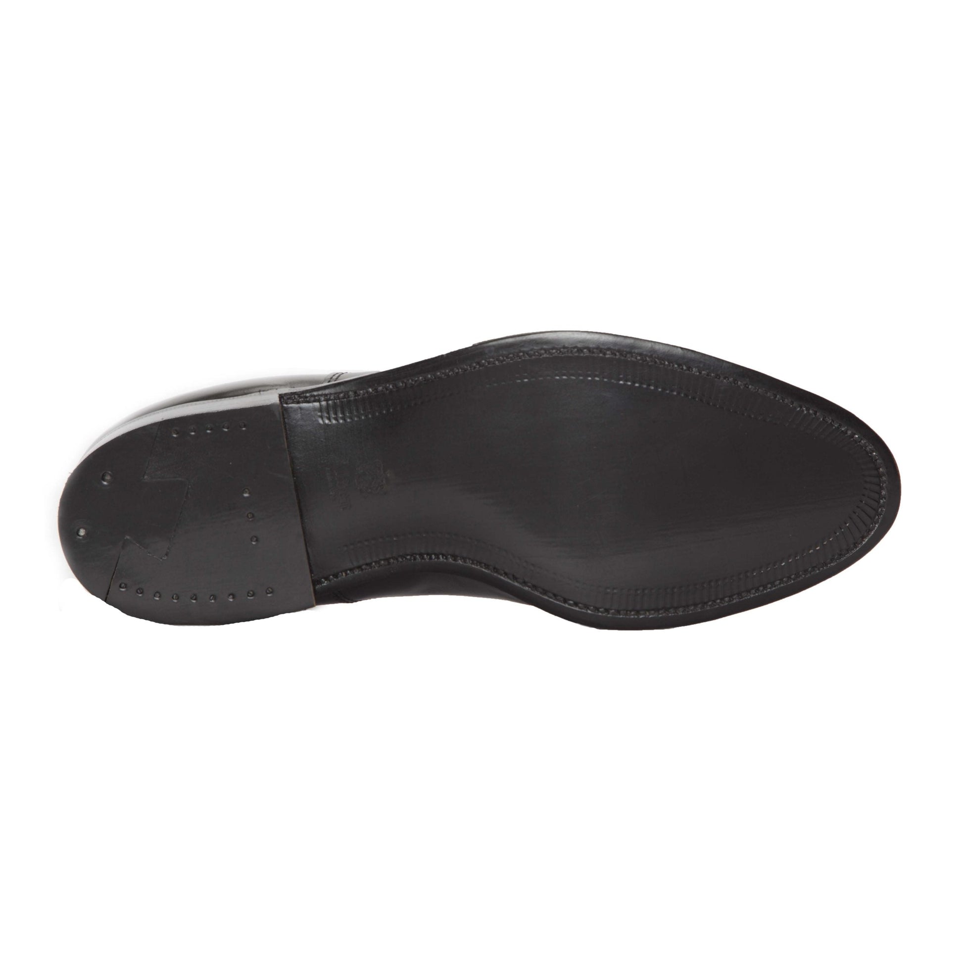 The image displays the sole of the Alden Madison 67269 - High Vamp Loafer in Black Shell Cordovan, featuring a smooth Single Oak Leather Sole with edge stitching and small metal studs on the heel, viewed from below.