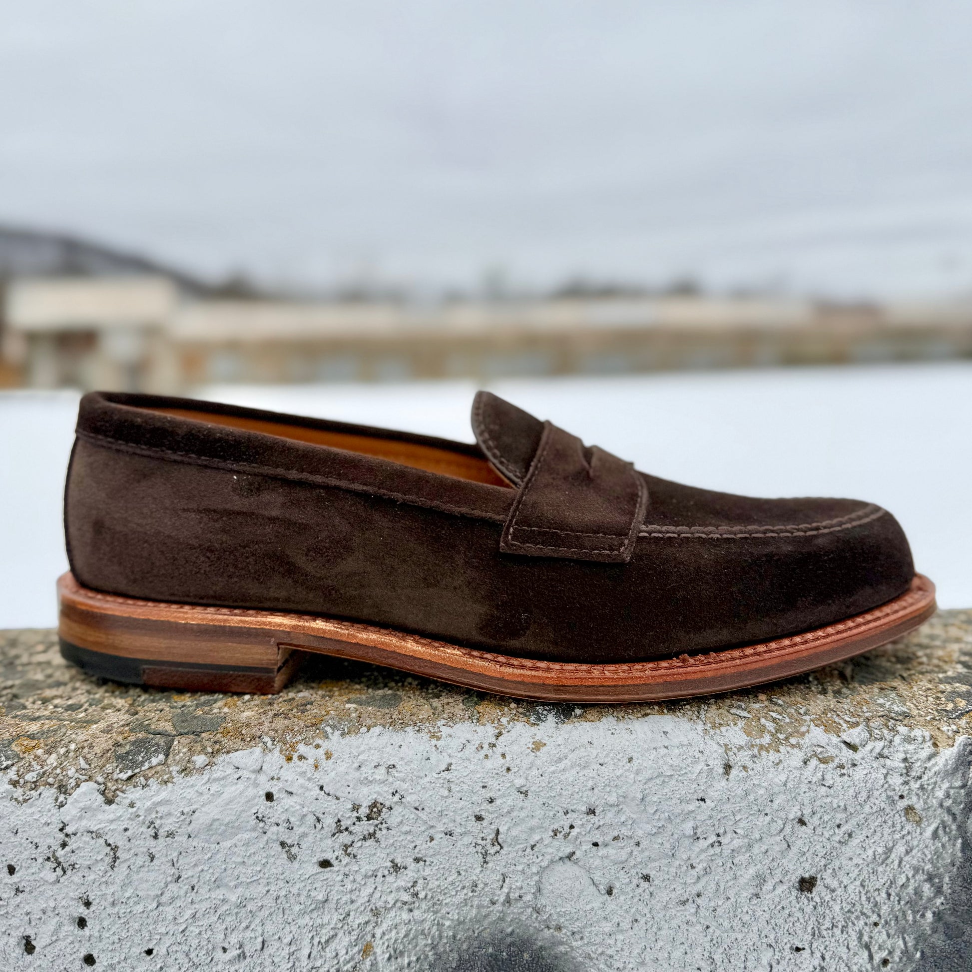The Alden Madison 6176F Penny Loafer in Dark Chocolate Suede, with a flex oiled leather sole, is pictured outdoors on rough concrete against a blurred snowy landscape and distant buildings.