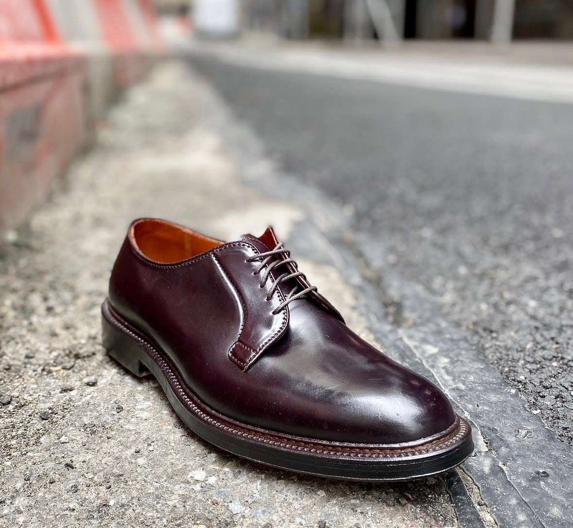 An Alden Madison 990 - Plain Toe Blucher in Color 8 Shell Cordovan, with laces and a Double Oak Leather Sole, sits on rough concrete near a street edge. The polished shoe stands out against the softly blurred background.