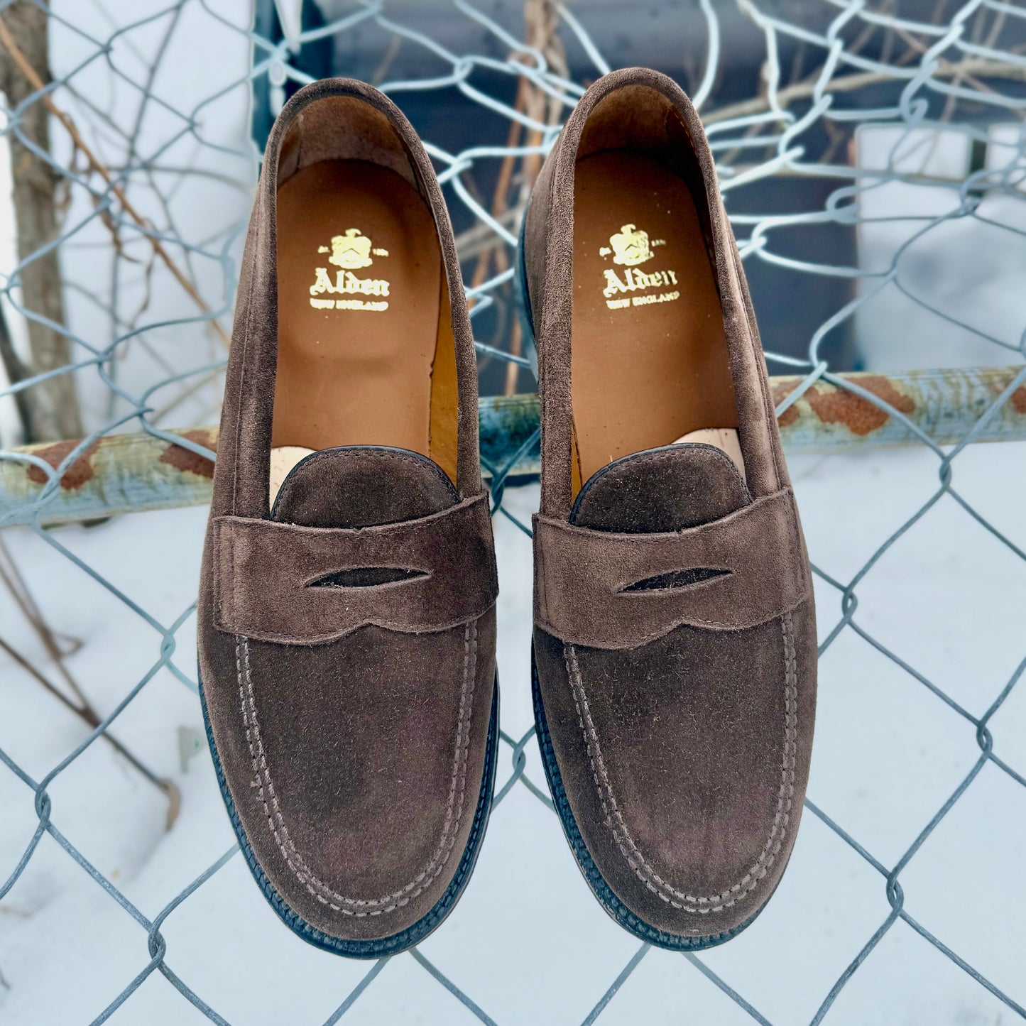 The Alden Madison 6175F - Penny Loafer in Humus Suede, featuring leather insoles and a Flex Oiled Leather Sole, is displayed on a wire fence against a snowy backdrop.