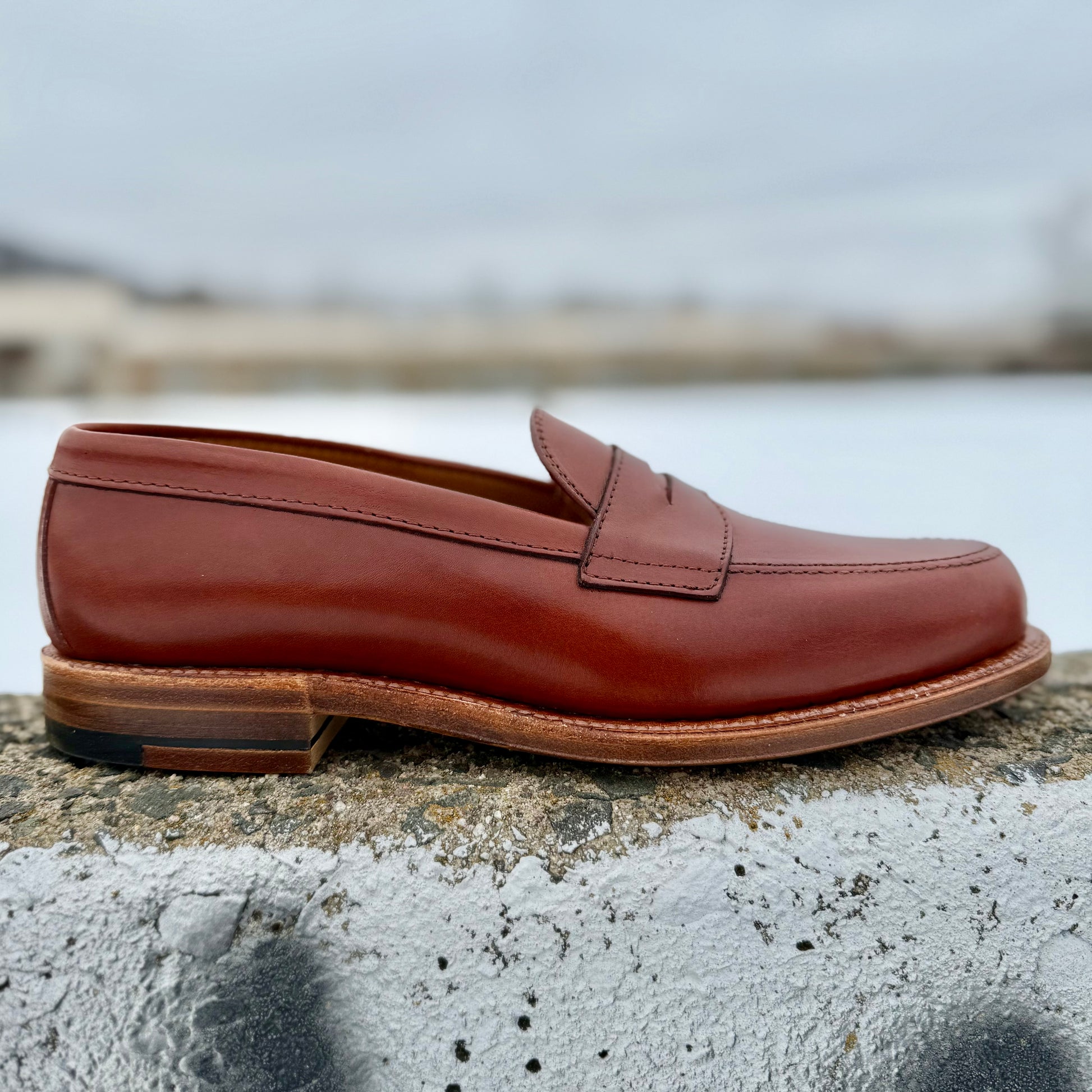 The Alden Madison 9823 - Penny Loafer in Tan Michigan Calf, featuring an oak leather sole and wooden detailing, rests on a concrete surface outdoors against a blurred snowy, cloudy backdrop.