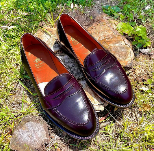 A pair of Alden Madison 684 - Full Strap Loafer in Color 8 Shell Cordovan sits on a tree stump outdoors, surrounded by green grass and sunlight.