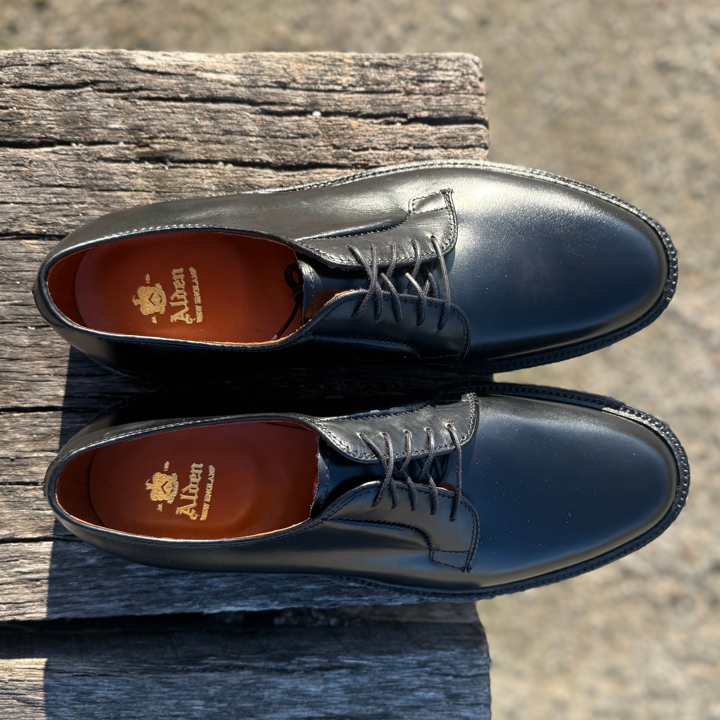 A pair of ALDEN SHOES 9909 - Black Calfskin Plain Toe Blucher dress shoes with brown insoles, neatly placed side by side on a weathered wooden surface in sunlight.