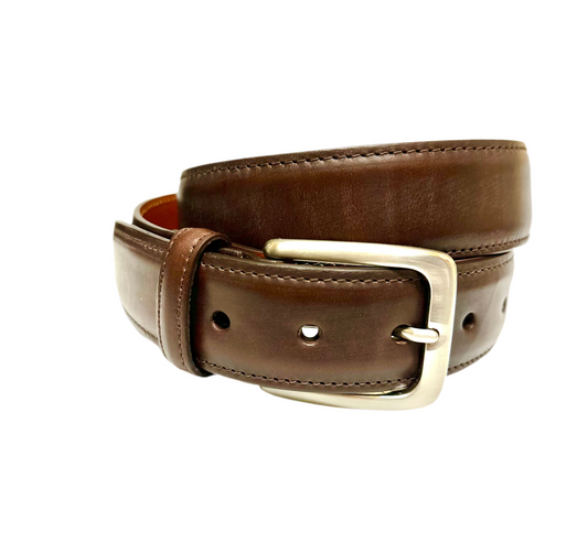 The Alden Madison MB 5335 is a 35mm brown CXL leather belt with a lined nickel buckle, visible edge stitching, and multiple adjustment holes, shown coiled neatly against a white background.