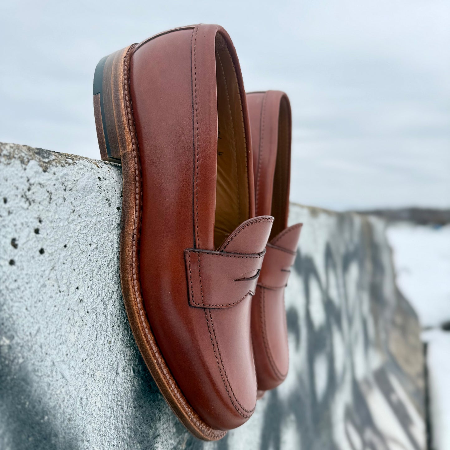 A pair of Alden Madison 9823 Penny Loafer in Tan Michigan Calf with stitched detailing and Oak Leather Sole rest on a concrete ledge, set against a blurred outdoor background with overcast skies.