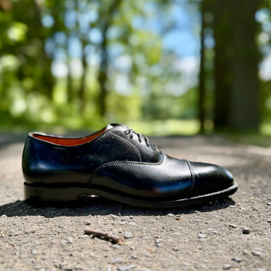 Alden Madisons 907 - Straight Tip Bal in Black Calfskin rests with laces and a leather sole on an outdoor paved path, surrounded by trees and greenery in soft, sunlight-blurred surroundings.