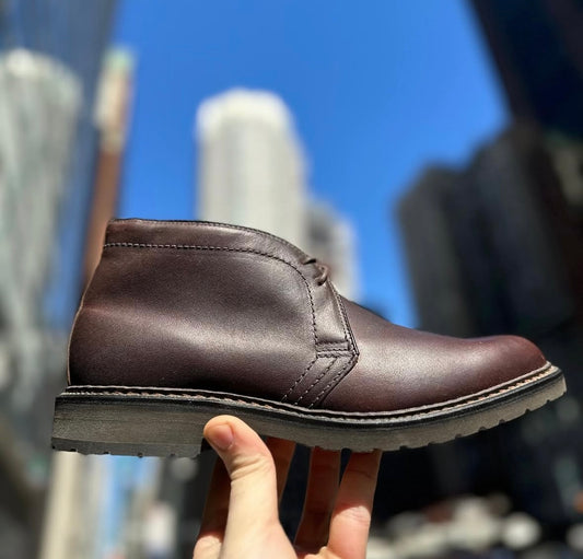A hand displays the Alden Madison 1272S Chukka Boot in brown Kudu leather with a lug rubber sole, set against a blurred city skyline and bright blue sky.