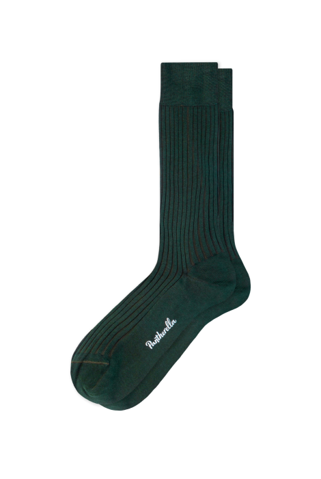 Displayed against a plain light background is the Danvers Mid Calf Sock by ALDEN SHOES—a single dark green, ribbed sock in a classic rib knit style. Crafted from premium cotton lisle and featuring “Pantherella” in white script near the toe, these socks are perfect as men’s dress socks, adding an elegant touch to any formal outfit.
