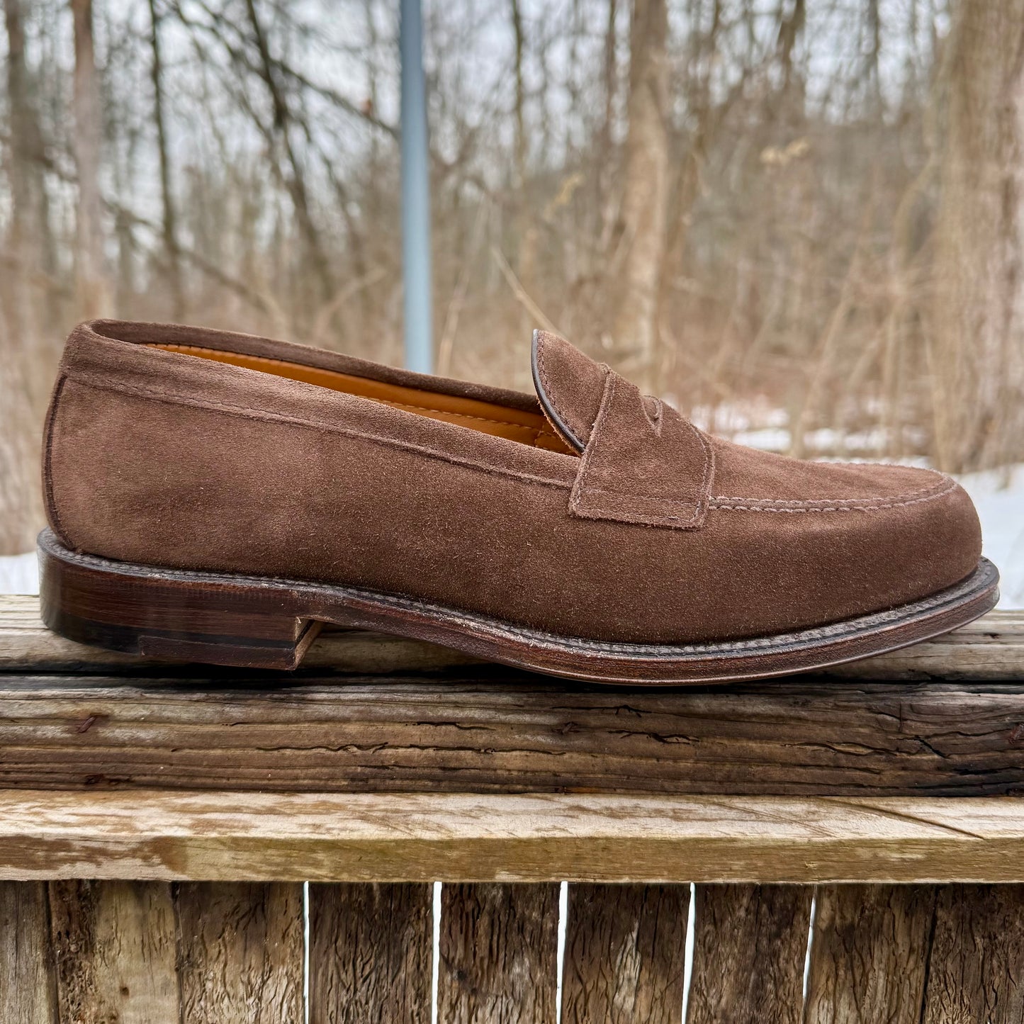 The Alden Madison 6175F Penny Loafer in Humus Suede, featuring a Flex Oiled Leather Sole and low heel, rests on a weathered wooden surface with leafless trees and an overcast sky in the background.