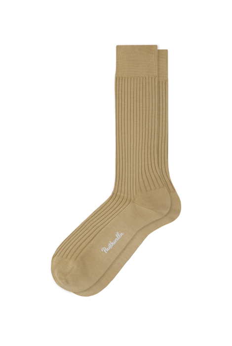 A pair of light brown Danvers Mid Calf Socks by ALDEN SHOES, crafted from premium cotton lisle, featuring a classic rib knit design for timeless style and comfort. "ALDEN SHOES" is embroidered in white on the sole. Displayed on a plain white background, these men’s dress socks offer elegance and quality.