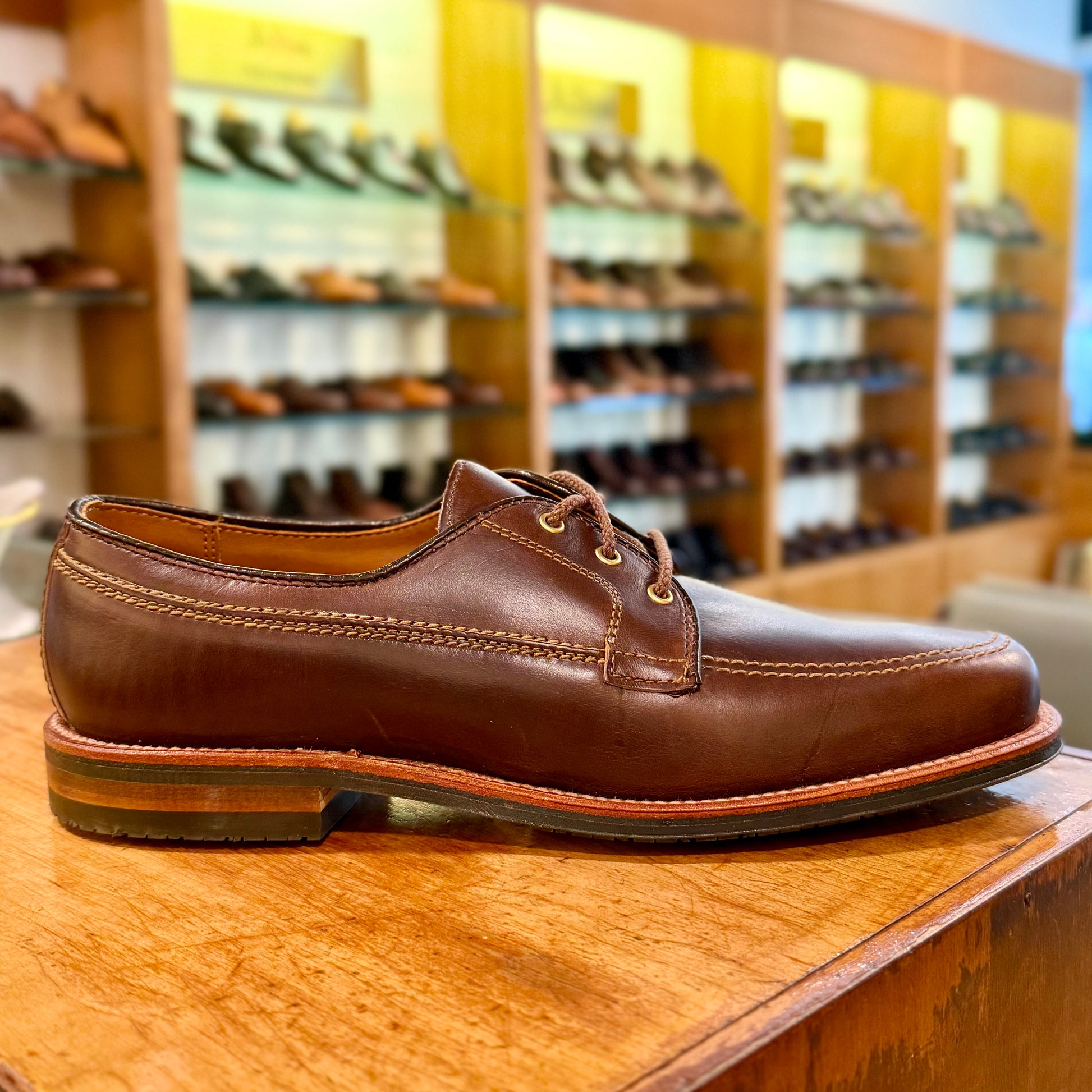 The Alden Madison 734L - Ivy Blucher in Brown Chromexcel, a brown leather lace-up dress shoe, rests on a wooden surface in a shoe store with blurred shelves of shoes in the background.