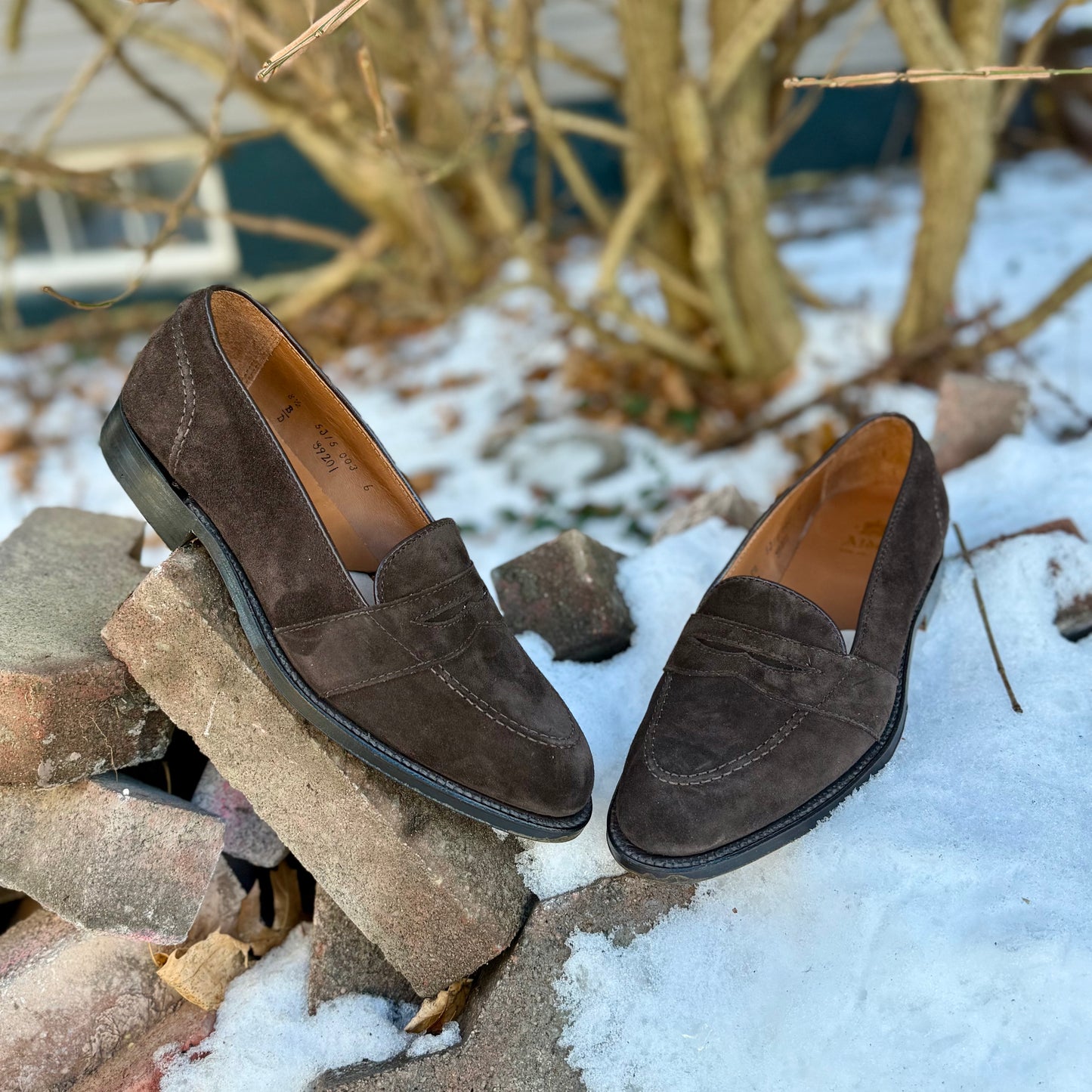 The ALDEN SHOES G9201 - Dark Brown Suede Full Strap Loafer, made on the Aberdeen last, is shown outdoors atop bricks with snow and bare branches behind.