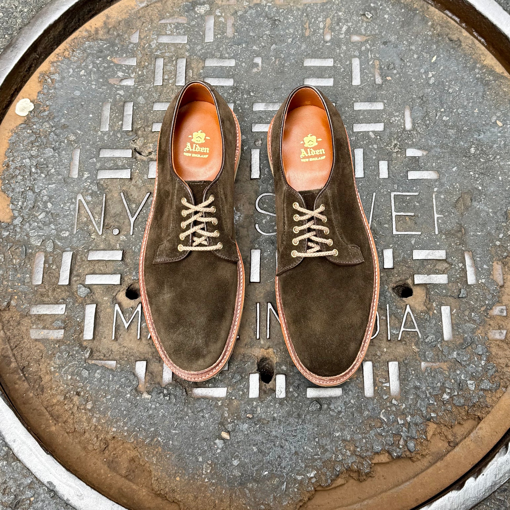 A pair of ALDEN SHOES D5426 - Loden Suede Plain Toe Bluchers is displayed side by side on a round manhole cover marked N.Y. SEWER MADE IN INDIA, featuring tan leather insoles with the Alden logo and built on the Barrie Last.