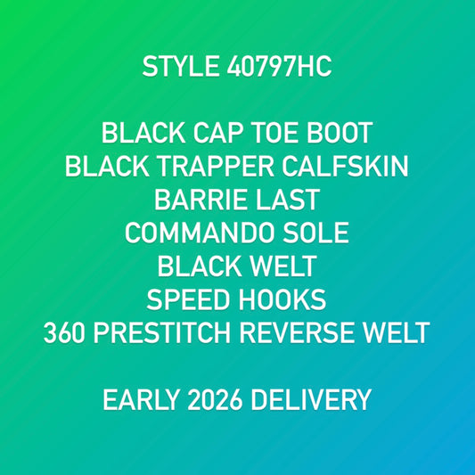 White text on a blue-green gradient spotlights the Alden Madison 40797HC Black Cap Toe Boot with Commando Sole, featuring trapper calfskin, Barrie Last, black welt, and speed hooks. Expected delivery is early 2026.