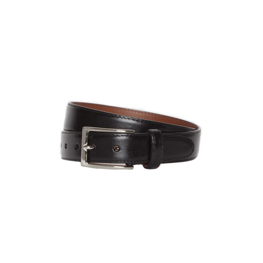 The Alden Madison MB 0101 Calfskin Belt, Gold 32mm, features a black exterior with an elegant brown interior. It sports a striking gold buckle and adjustable holes, along with a small loop near the buckle to secure the end.