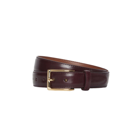 The MB 0112 - Burgundy Calf by Alden Madison is a 32mm dark brown leather belt with stitched detailing, small perforated holes, and a nickel buckle.
