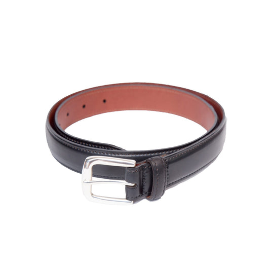 The Alden Madison B001 - Black Shell 30mm belt is crafted from Horween Shell Cordovan leather, featuring a shiny nickel buckle and rich brown inner lining.