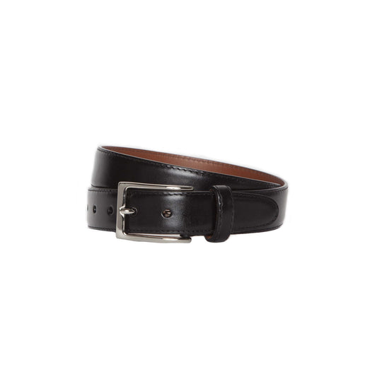 The MB 0111 Calfskin Belt by Alden Madison, featuring a 32mm width and shiny silver buckle, is crafted from black calfskin leather with visible stitching and multiple adjustment holes. It lies coiled on a white background.