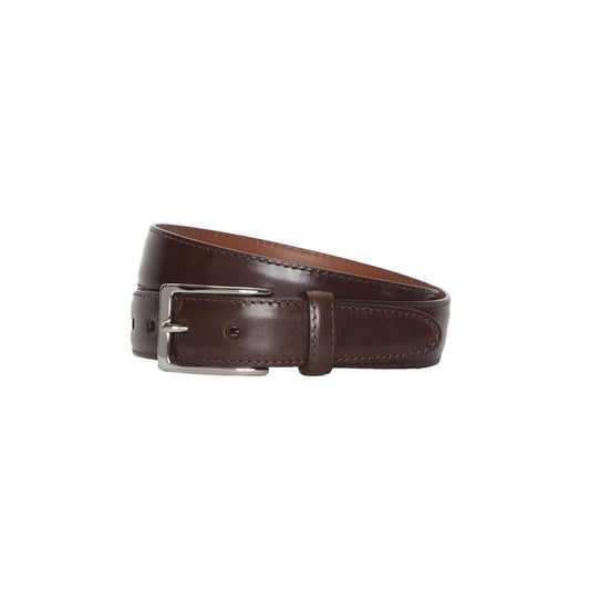 Displayed against a plain white background is the Alden Madison MB 0115 - Dark Brown Calf 32mm belt, showcasing an elegant design with a shiny silver buckle and edge stitching.