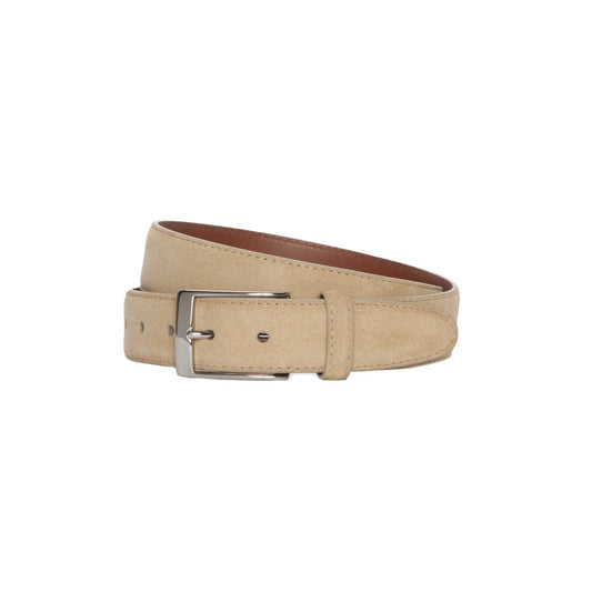 Alden Madisons MB 5213 Tan Suede 35mm belt features a nickel buckle, elegantly coiled in a spiral, and is available in sizes 30-44.