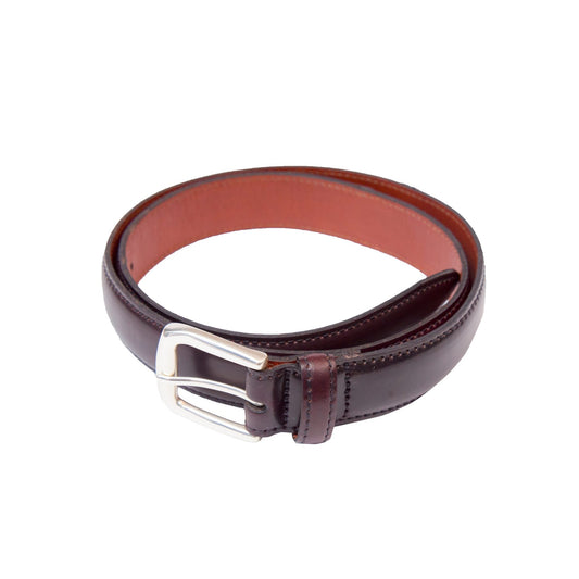 The Alden Madison A001 belt in Color 8 features polished Horween Shell Cordovan leather in dark brown with a lighter inner side, a silver nickel buckle, and detailed stitching on its 30mm strap.