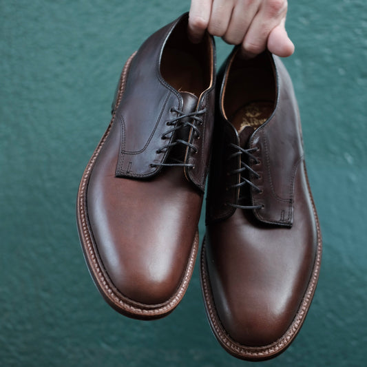 A hand displays the Alden Madison 29364F - Unlined Plain Toe Dover in polished Brown Chromexcel leather with laces and a sturdy sole, set against a textured green background.
