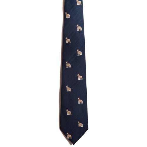 The Alden Madison Briard tie, crafted from 100% silk, features a dark blue color with a jacquard pattern of small embroidered dogs.