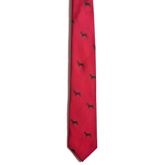 This Alden Madison necktie features a sophisticated jacquard pattern of black Doberman Pinscher silhouettes, crafted from 100% silk.