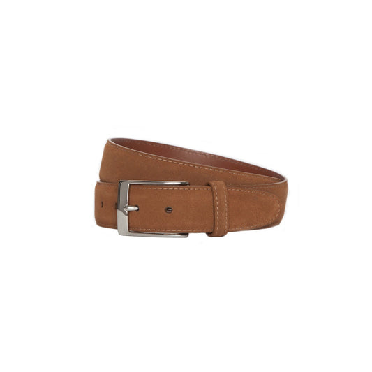 A 35mm MB 5214 Snuff Suede belt by Alden Madison, featuring a nickel buckle, gracefully coiled in a circular shape against a pristine white background.